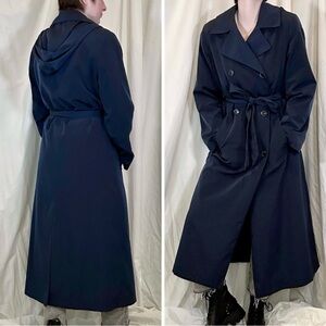 Vintage 1990s Bill Blass Navy Weatherproof Hooded Full Length Trench Coat